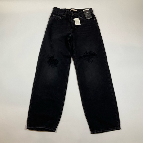 Levis Baggy Dad Distressed Straight Leg Mid Rise Jeans 24 x 30 Rake It Up Black - Picture 7 of 7